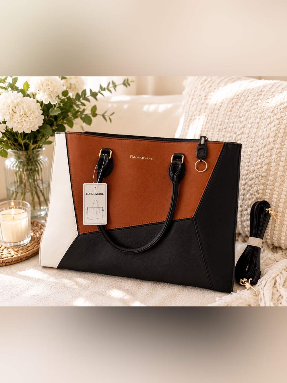 RAINSMORE Colorblock Laptop ToteBag Brown Black White Briefcase Shoulder BagNWT